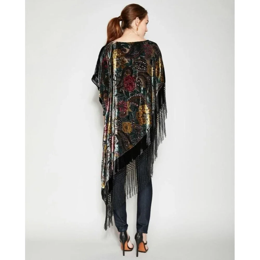 Heidi Abra Night Garden Burnout Silk Velvet Fringe Poncho One Size Whimsigoth - Picture 3 of 13